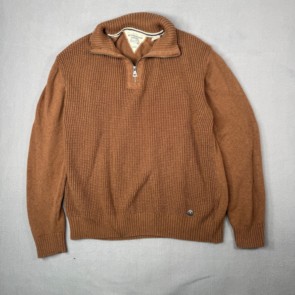Weatherproof Vintage Sweater Henley Medium Brown Waffle Knit Quarter Zip Mens